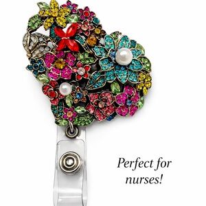 Gorgeous heart shaped multi colored jewel badge holder